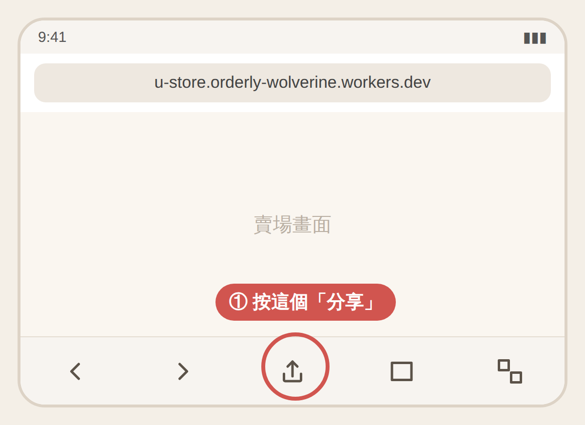 Safari 最下面中間的分享按鈕